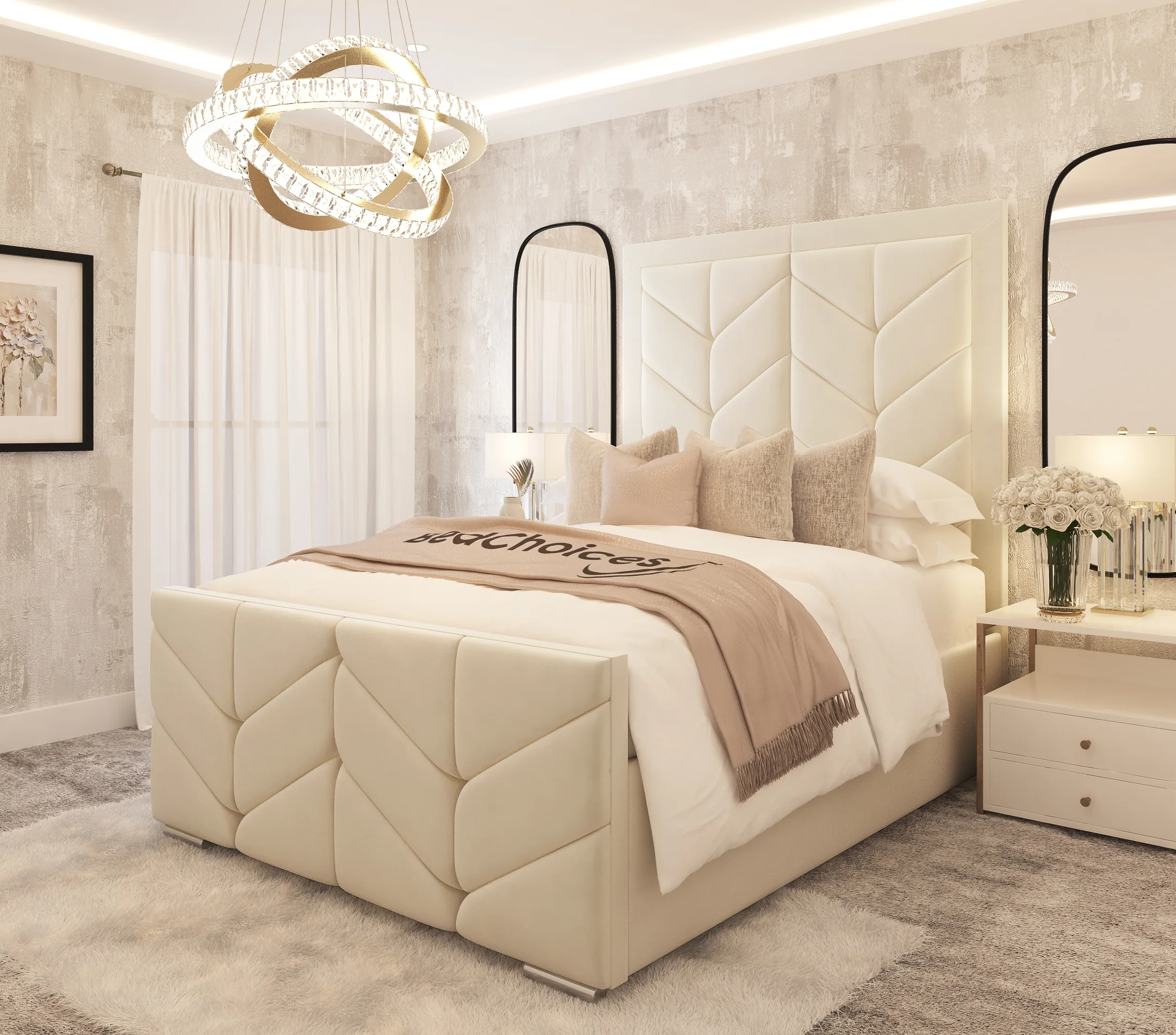 Cream upholstered bed in bright luxury bedroom CGI
