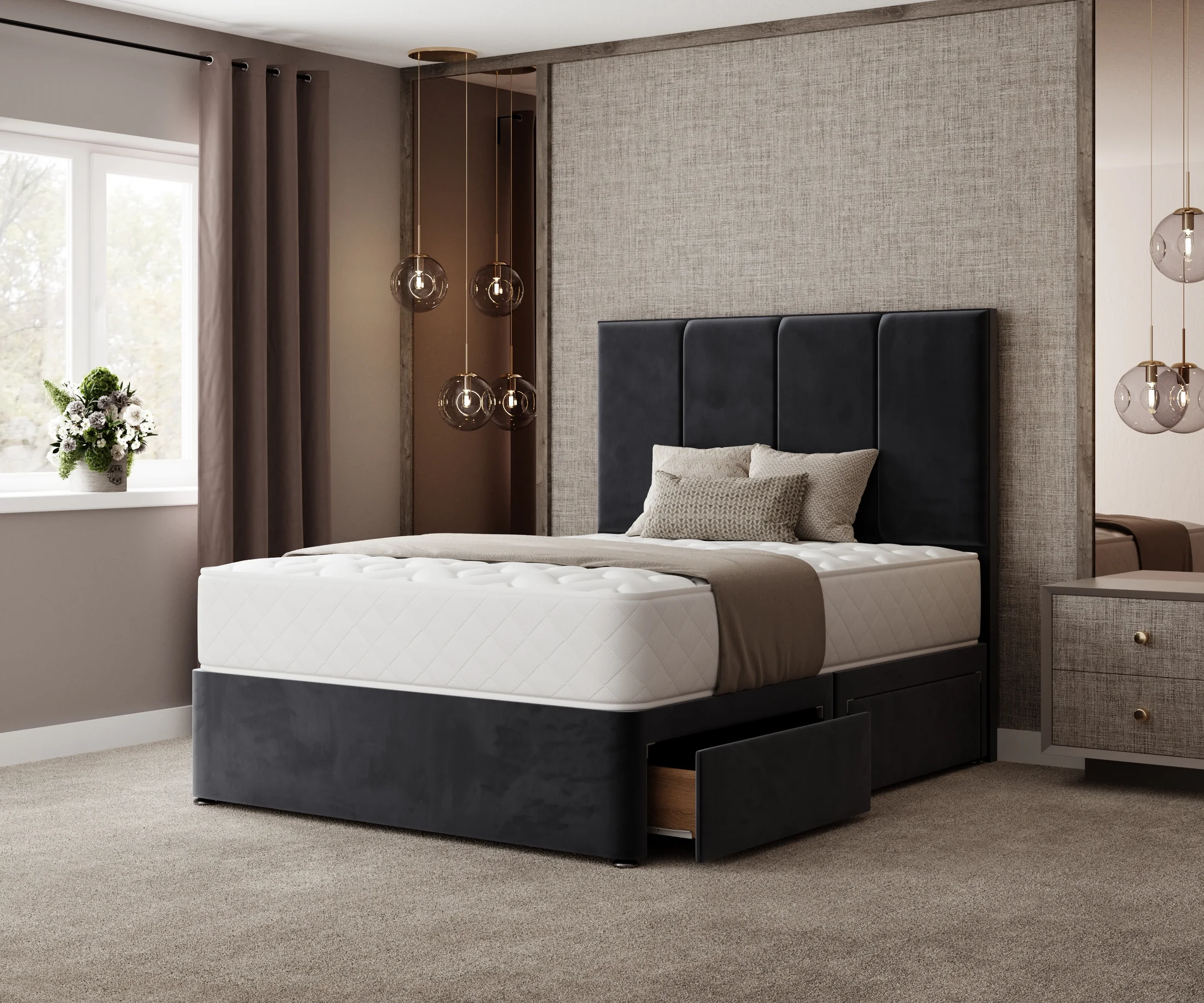 Dark upholstered bed in warm contemporary bedroom side view