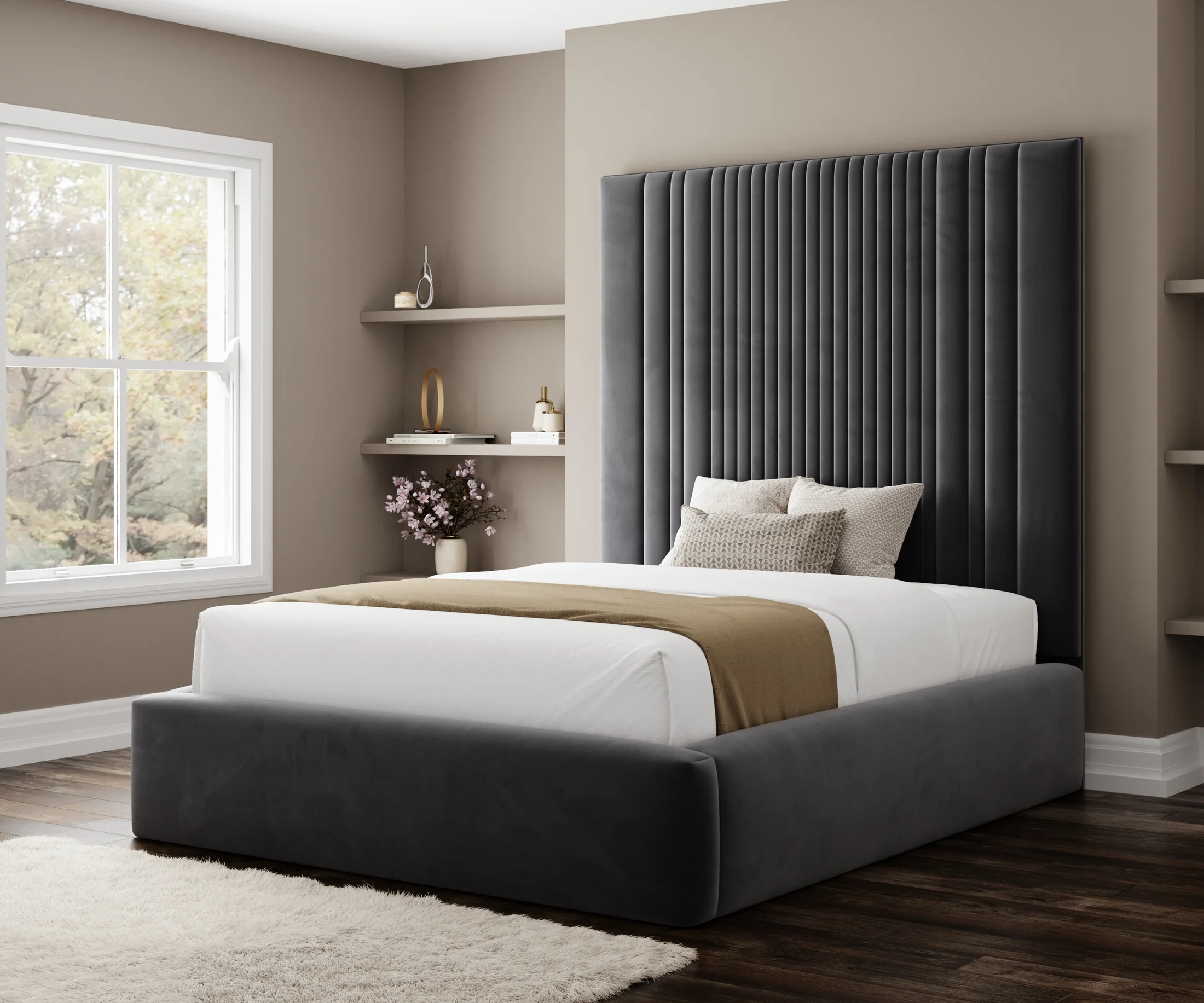 Grey upholstered bed side view with shelves and window