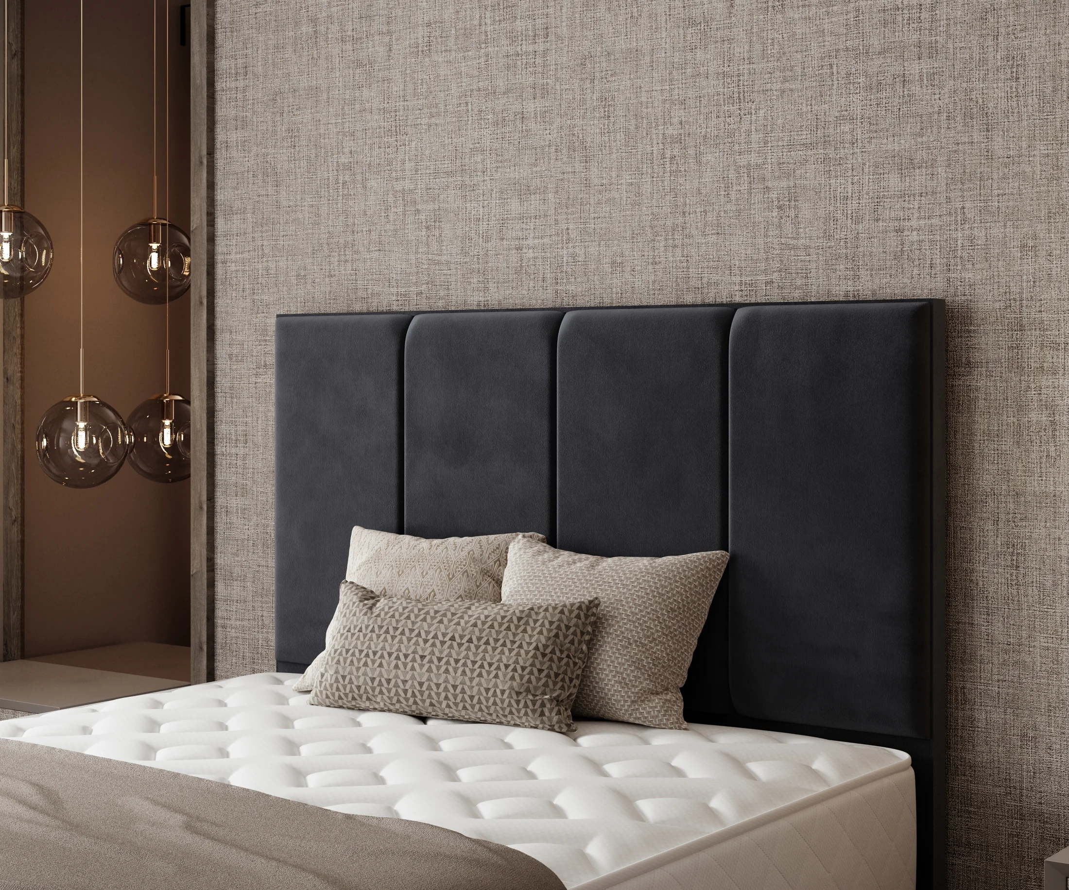 Close-up of dark panel headboard and bedroom styling