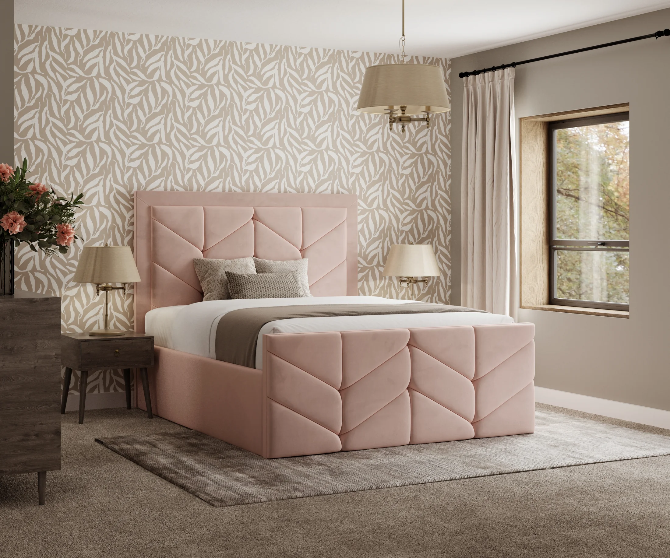 Pink upholstered bed with patterned wallpaper side view