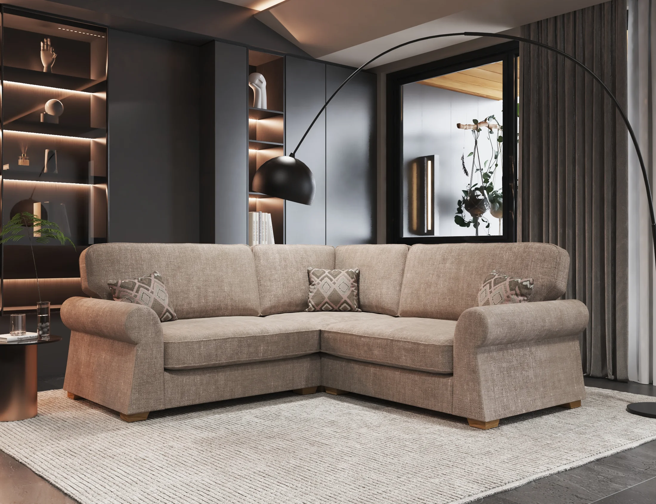 Warm beige sectional sofa in modern interior CGI