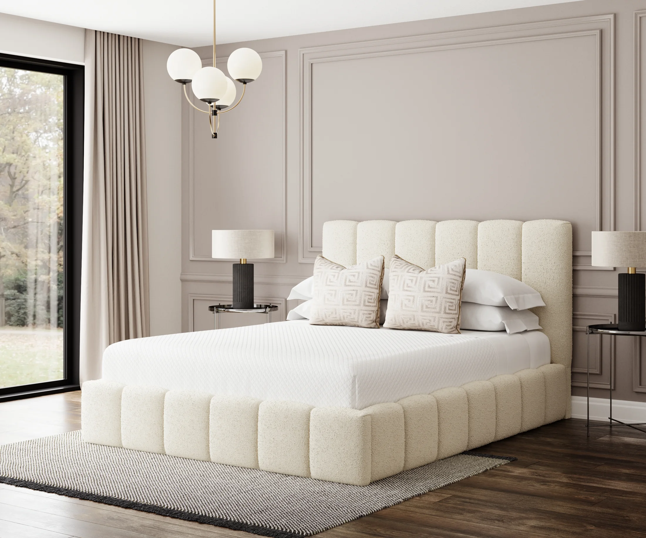 White upholstered bed side view in neutral bedroom CGI