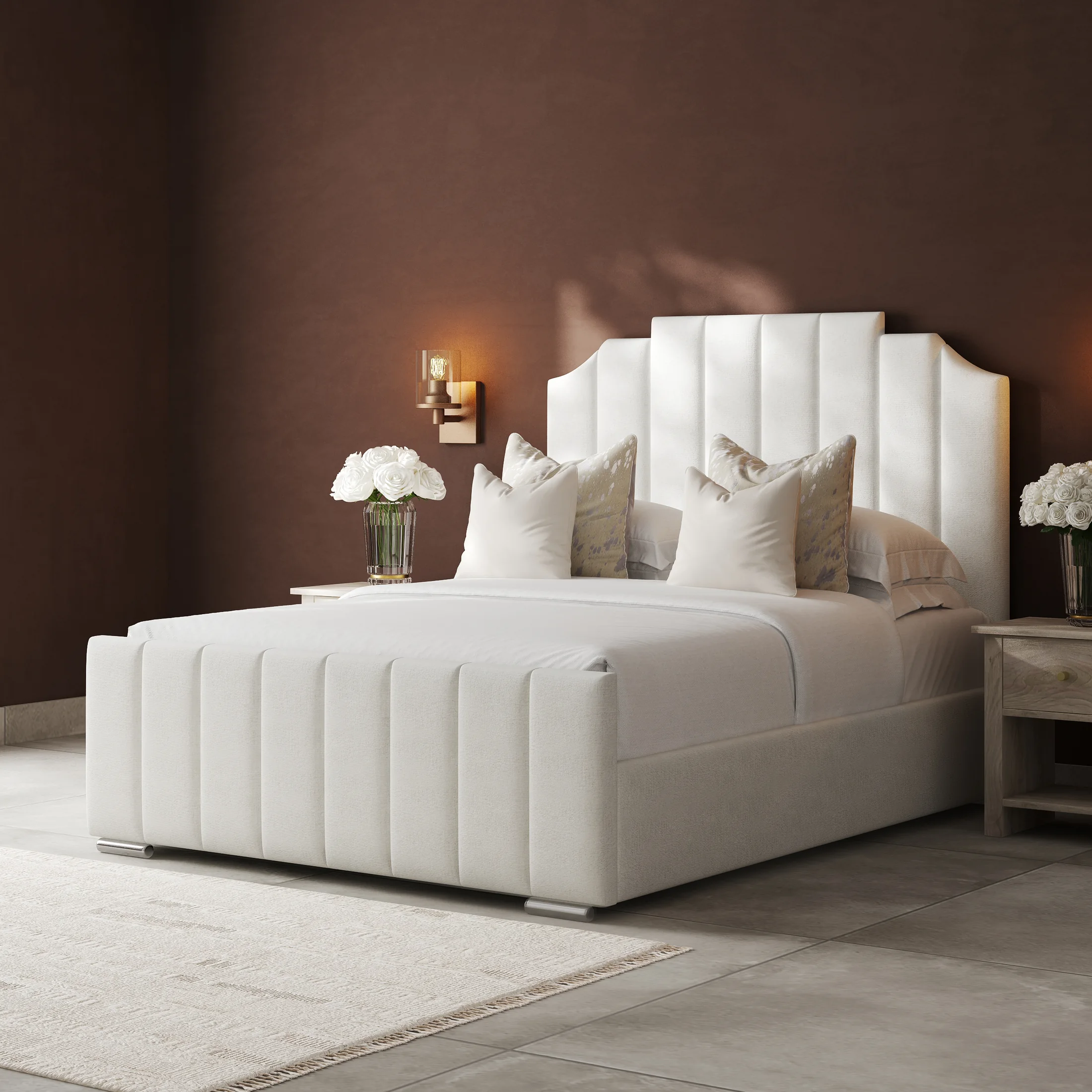 White upholstered channel bed in moody brown bedroom CGI